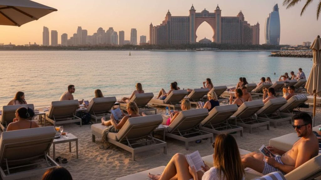 Dubai beach club loungers and skyline