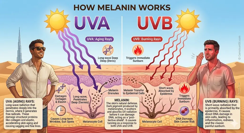 How Melanin Works" showing the difference between UVA (Aging) and UVB (Burning) rays on skin. The left side shows UVA rays penetrating deep into the dermis causing wrinkles, while the right side shows UVB rays hitting the epidermis causing immediate sunburn. A central diagram illustrates melanocyte cells producing melanin as a protective shield.